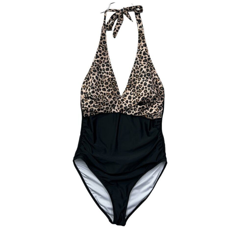 Women's Size Large Black Leopard Pring One‎ Piece Swimsuit